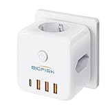 Bigfish Steckdosenleiste mit USB C, Mehrfachsteckdose mit 4 USB, Steckdosenwürfel ohne Kabel, Mehrfachstecker für Steckdose mit Schalter, 3 Fach Steckdosenadapter für Büro, Zuhause