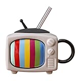 Fivetwofive Kaffeetassen-Set Aus Keramik, Quadratisch, mit Strohhalm und Deckel, Teetasse Fürs Büro, Retro-TV - Hellgrau