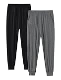 MoFiz Schlafanzughose Jungen Lang Pyjamahose Kinder Freizeithose Unisex Mädchen Weich Loungehose Bündchen 2er Pack mit Taschen Schwarz/Grau M (140-152)
