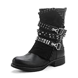Pogolino Damen Stiefeletten Nieten Biker Boots mit Reißverschluß flach bequem Stiefel ST016 (ST15 Schwarz 38)