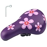 Kinderfahrradsattel–Extra weicher & wasserdichter Fahrradsitz für Jungen/Mädchen – rutschfeste Polsterung, Breites Fahrradkissen Dual Shock für 12 14 16 18 20 Zoll Mountain Bike (Lila Blume)