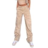 MASUCOR Baggy Jeans für Damen Cargohose Y2K Hoch Taillierte Jeanshose Weite Beine Jeans mit Klappentaschen Vintage Lässige Streetwear für Damen Teenager(Beige,L)