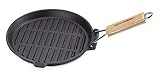 Echtwerk Grillpfanne aus Gusseisen und Emaille-Beschichtung 24cm, abnehmbarer Holzgriff, seitlicher Fettausguss, Pfanne für Feuerstelle, Grillplatz, Lagerfeuer, Ofen und Herd geeignet