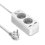 JSVER Steckdosenleiste mit USB,2 Fach Reise Mehrfachsteckdose mit 2 USB Ladegerät Tischsteckdose mit Schalter Verlängerungskabel für Reisen und Büro,1.5m Kabel-Weiß
