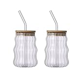ZXCMY Exquisit 520 ml Trinkgläser mit Bambusdeckel und Strohhalm, gestreifte Kaffeetassen, Cocktailgläser, Getränkebecher, Obstteebecher Praktisch