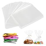 AIVEKE 100 Stück Durchsichtige Cellophantüten - 15x25cm Geschenktüten Plastiktüten Süßigkeiten Tüten Keksbeutel mit Metallischen Bindebaender für Party und Hochzeit Beutel