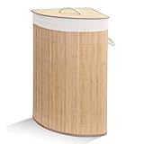 VOUNOT® Wäschekorb Bambus mit Deckel, 58L Eckwäschekorb Wäschesammler mit 2 Herausnehmbaren Wäschesäcke & Griffen, Faltbarer Wäschebox für Schlafzimmer Badezimmer Waschküche, Holzfarbe