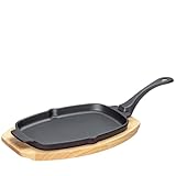 Kuchenprofi BBQ Servierpfanne Gusseisen auf Holzbrett, oval, 30 x 19 x 2,5 cm, mit abnehmbarem Griff und Ausgießer, Grillpfanne Gusseisen für Gemüse, Fisch und Fleisch für jeden Grill, 0305151026