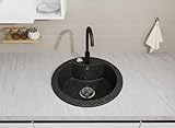 Faizee Home Granitspüle Ø 49 cm Schwarz Gesprenkelt – runde Einbauspüle aus Granit – beidseitig montierbar, kratzfest, hitzebeständig – modernes Spülbecken