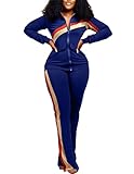 Damen Casual 2-teiliger Sweatanzug Sweatshirt & Sweatpants Trainingsanzug Full Zip Jogginganzüge mit Taschen, D-Blau, Large