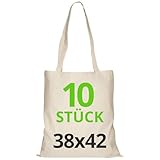 Baumwolltasche 38x42 cm, Packung mit unbedruckten Taschen, lange Träger, widerstandsfähige Stofftaschen, wiederverwendbare Einkaufstasche zum Bedrucken oder Bemalen, 38x42cm, Natur, 10 Stück