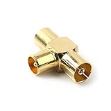 NANYI Stecker auf zwei weibliche TV-Antenne Koaxialkoppler, T/F-Typ-Anschlussbuchse RF Coax Antenne Adapter vergoldet-1 Pack