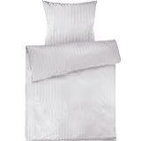 Pure Label Mako Satin Damast Streifen Bettwäsche weiß 135 x 200 cm mit Kissenbezug 80 x 80 cm aus 100% Baumwolle - Traumhaft weiches Mako Satin Bettwäsche Set in Uni