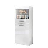 Vladon Vitrine Almada, Made in Germany, Standvitrine mit 2 Türen, 4 Fächern und 1 Glaseinsatz, Weiß matt/Weiß Hochglanz (53 x 125 x 30 cm)