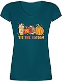 T-Shirt Damen V Ausschnitt - Halloween - Tis The Season American Football - XS - Türkis - halowen Tshirt hellowee Shirt sexy halloweem grusel Haloween Party halloeween gruselig heloween jalloween