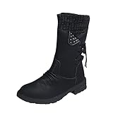 Mittelhohe Stiefel für Damen, Spitze, Wadenabsatz, dick, lässige Stiefel, Damenstiefel, warme Winterstiefel, Schwarz , 40 EU