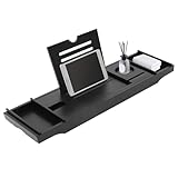 Badewannenablage Ausziehbar Bambus, Verstellbares Badewannenbrett, Badewannen Ablagen, Anpassbare Länge 75–111 cm, Badewannen-Aufbewahrungsregal (Schwarz)