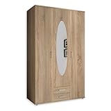 Stella Trading Eleganter Kleiderschrank 3-türig mit viel Stauraum - Vielseitiger Drehtürenschrank in Sonoma Eiche Optik mit Spiegeltür - 120 x 195 x 55 cm (B/H/T)