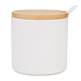 Chase Chic Zuckerdose Keramik, Zuckerdose Porzellan mit Holzdeckel und Porzellanlöffel, Vintage Zuckerdose Klein 250 ml(8.4oz), Anzug für Kaffeebar, Küche und Frühstück zu Hause, Weiß