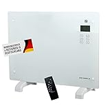 Elektroheizung Mit Digitalen Display Und Fernbedienung - Mobiler Konvektor Für Zuhause - Moderne Optik - Effiziente Und Energiesparende Glasheizung Mit Thermostat Und Überhitzungsschutz (2000, Watt)
