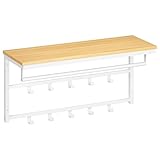 HOOBRO Wandgarderobe mit Ablage, Wandregal mit 10 Haken und Stangen, Wandmontiertes Hängeregal, 80 x 30 x 42 cm, für Wohnzimmer, Schlafzimmer, Badezimmer, Weiß und Natürliche Holzfarbe EWN12YM01