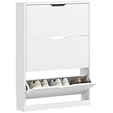 HOMCOM Schuhschrank mit 3 Klappen, Schuhregal, Schuhkipper Schmal Schuhkommode für 9-12 Paar Schuhe 80 x 17 x 108 cm, Weiß