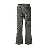Herren Streetwear Heavy Craft Washed Flared Jeans Hip Hop Distressed Denim Pants Slim Straight Tassel Jeans Raw Edge, multi, XXL