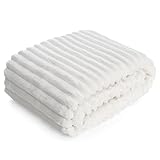 Design91 Kuschelige Decke mit Streifenmuster, Weiche Kuscheldecke, Soft, Gestreifte Sofadecke, Flauschige Wohndecke, Steppdecke, MIKROFASER (Weiß, 70 x 160 cm)