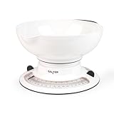 Salter 800 WHBKDR Analoge Küchenwaage - 2,6L Wägeschale, Hinzufügen und Wiegen einer drehbaren Doppelscheibe für max 4kg g/4L, batterielose Waage in Aqua mit herausnehmbarer Schüssel, Tara-Funktion