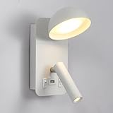 AoLa LED Wandleuchte innen mit Schalter Wandlampe Drehbar Leselicht, USB Ladeanschluss Modern 3W 3000K+5W 3000K Warmes Licht Nachttischlampe Weiß Aluminium Nachtlicht für Schlafzimmer Wohnzimmer