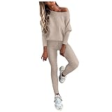 Damen Trainingsanzug Hausanzug Set Jogginganzug Sportanzug Freizeitanzug Zweiteiler Tracksuit Sweatshirt und Hose Casual Einfarbig Outfit Lässiger Freizeitanzug Sweatshirts 2-Teiliges (Khaki, M)
