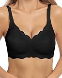 HORISUN BHS für Damen ohne Bügel, V-Ausschnitt, gewellte, bügellose Bralettes mit weicher Stütze, bequemer, Nahtloser T-Shirt-BH (Schwarz XL)
