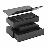 Yanosaku Couchtisch Höhenverstellbar, Couchtisch Schwarz mit Stauraum, 3 Schubladen & Versteckter Aufbewahrung, Wohnzimmertisch als Kaffeetisch, Esstisch oder Arbeitsplatz, für Wohnzimmer, Büro