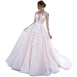 HUINI Damen Lang Brautkleid Hochzeitskleid Standesamt Boho Vintage Strand Brautmode Brautkleider mit Schleppe A-Weiß 50