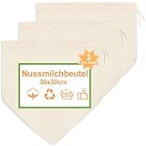 Nussmilchbeutel 3 Stück, 30×30cm Passiertuch Beutel Wiederverwendbar, Baumwolle Nussbeutel Bio Waschbar, Filterbeutel mit Kordelzug, zum Sieben für Nussmilch Käse Joghurt Fruchtsaft