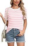 YGJIEGENG Damen T-Shirt Kurzarm Basic Streifen Top Bequemes Lockeres Rundhals-Shirt Atmungsaktive Sommer Bluse Hellrosa L