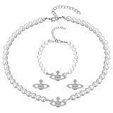 Saturn Faux Perle Choker Halskette 3 Stück Planet Perlenkette für Damen Planet Kette Perlenkette Mit Anhänger Perlen Saturn Kristall Strass Halskette für Frau Freundin Mutter Tochter Geschenk
