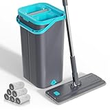 Wischmopp Set mit Eimer,Masthome Bodenwischer mit Auswringfunktion und 6 Mikrofaser Wischpads,2 In 1 Wischmop Set für Alle Hartböden, Grau+Blau