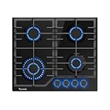 TOPWISH Gaskochfeld 4 flammig, Einbau Gaskochfeld, Gaskochfelder mit blaue beleuchteter Drehknopf, ghärtetes Glas-Gaskochfeld, NG/LPG Konvertierbar, Automatischer Thermoelementschutz, 60cm, 8000 Watt