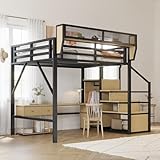 Dolamaní Hochbett 140x200 cm Metall Bettgestell mit Treppe Sicherheits und Schrank, Höhe 191 cm Bett mit Abnehmbares Netz Regale und Rausfallschutz, für Teenager Erwachsene (Schwarz)