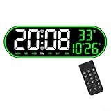 Digitale Wanduhr, 38,1 cm, große LED-Uhr mit Fernbedienung, einstellbare Helligkeit und Alarmfunktion für Zuhause, Schlafzimmer, Küche, Fitnessstudio und Büro (grün)
