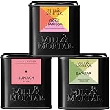 Mill & Mortar Aromen aus 1001 Nacht, Geschenkset mit 3 Bio-Gewürzen: Rose Harissa, Za’atar & Sumach, Levante Gewürzset, orientalische Gewürzmischungen für Hummus, Salate, Gemüse & Tajine