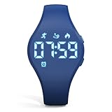 Focwony Digitale Fitness-Tracker-Uhr für Kinder mit LED-Anzeige, für 5–15 Jahre, wasserdichte Armbanduhr ohne App, mit Schrittzähler, Wecker, für Kinder, Jungen, Mädchen, Teenager (Dunkelblau)