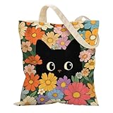 Komergave Stoffbeutel Bedruckt Aesthetic Schwarze Katzen Stofftasche Einkaufstasche mit Druckknopfverschluss und Innentasche Tragetasche Katzen Geschenke Canvas Tote Bag für Mama, Freundin
