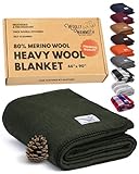 Woolly Mammoth Wolldecke Explorer-Kollektion - 167 x 230 cm, 80% Merinowolle, Olivgrün - Robuste Campingdecke & Outdoordecke - Stylische Boho-Picknickdecke - Dicke Thermodecke