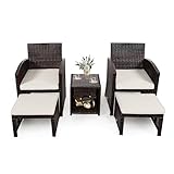 KOMFOTTEU 5 TLG. Rattan Gartenmöbel Set, Balkonmöbel Set mit 1 Rattantisch & 2 Stühle & 2 Fußstützen, Sitzgruppe für 2 Personen, Rattanmöbel & Gartengarnitur für Balkon Terrasse Garten (Beige)