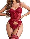 Avidlove Damen Body Sexy Dessous Set Spitze Reizwäsche Babydoll Corsage Curvy Teddy Bodysuit V-Ausschnitt Unterwäsche Lingerie BH- und Höschen-Set，RotS
