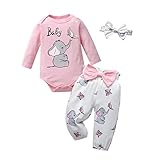 Joureker Neugeborenes Baby Mädchen Kleidung Sets lange Ärmel Elefant Tiermuster gedruckt Strampler + Hosen 3Pcs Outfits, Rosa, 3-6 Monate