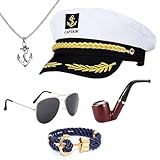 LOEPENLE Yacht Kapitän Hut Kapitänsmütze Kostüm Set,Verstellbare Yacht Schiff Boot Marine Mütze Mit Sonnenbrille,Kapitänsmütze für Erwachsene Damen Männer für Mottoparty Karneval Cosplay
