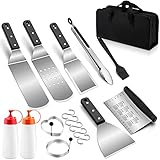 Homikit Grillspachtel Set, 17-teilig Edelstahl Flachkopf Pfannenwender Grillbesteck mit Tragetasche, Grillwender Grillschaber Teigschaber zum Grillen im Freien, Grillen, Teppanyaki, Camping